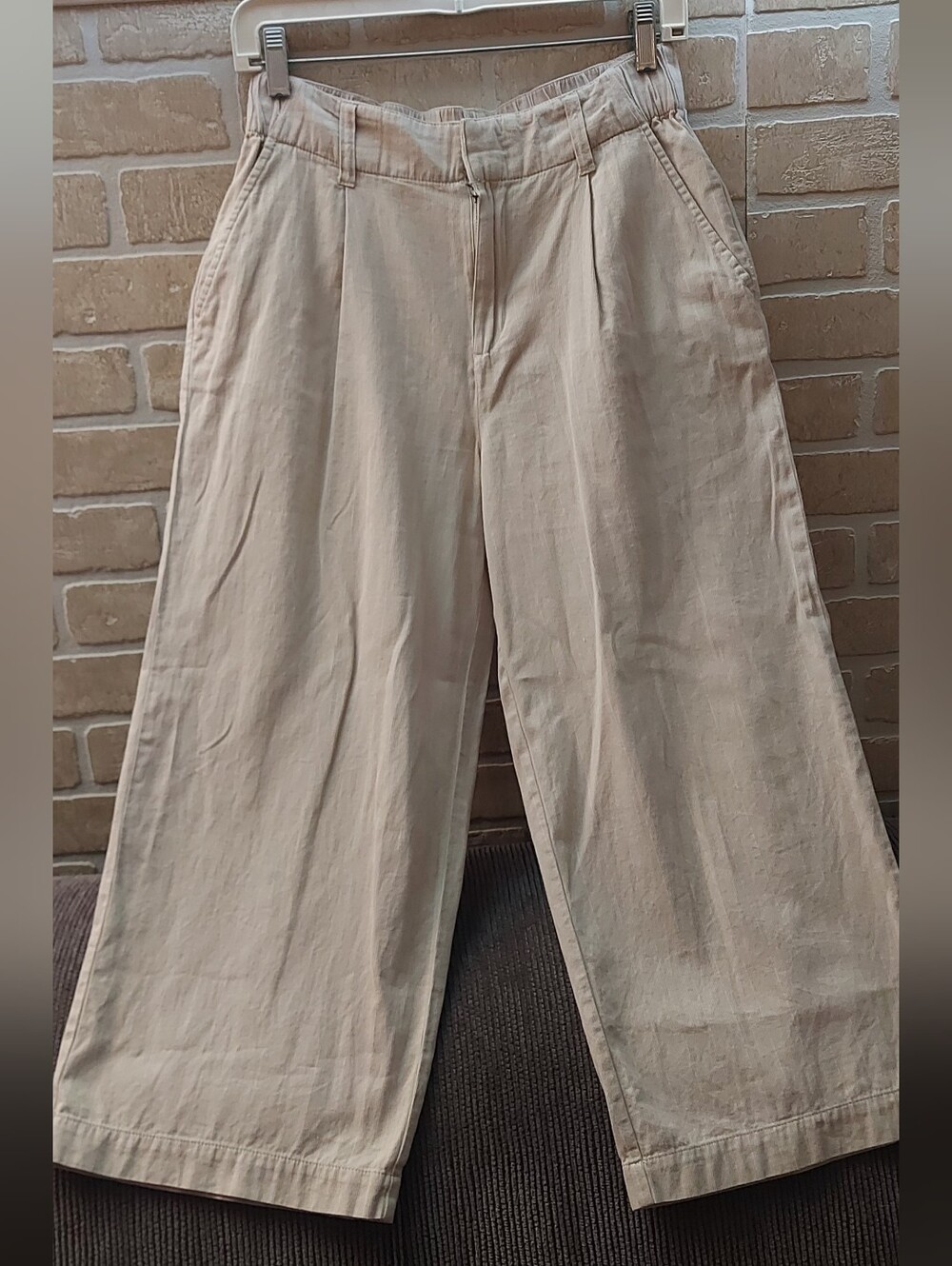 100% Cotton Cropped Wide Leg Culotte Pants Beige High Rise Size S - Picture 2 of 11